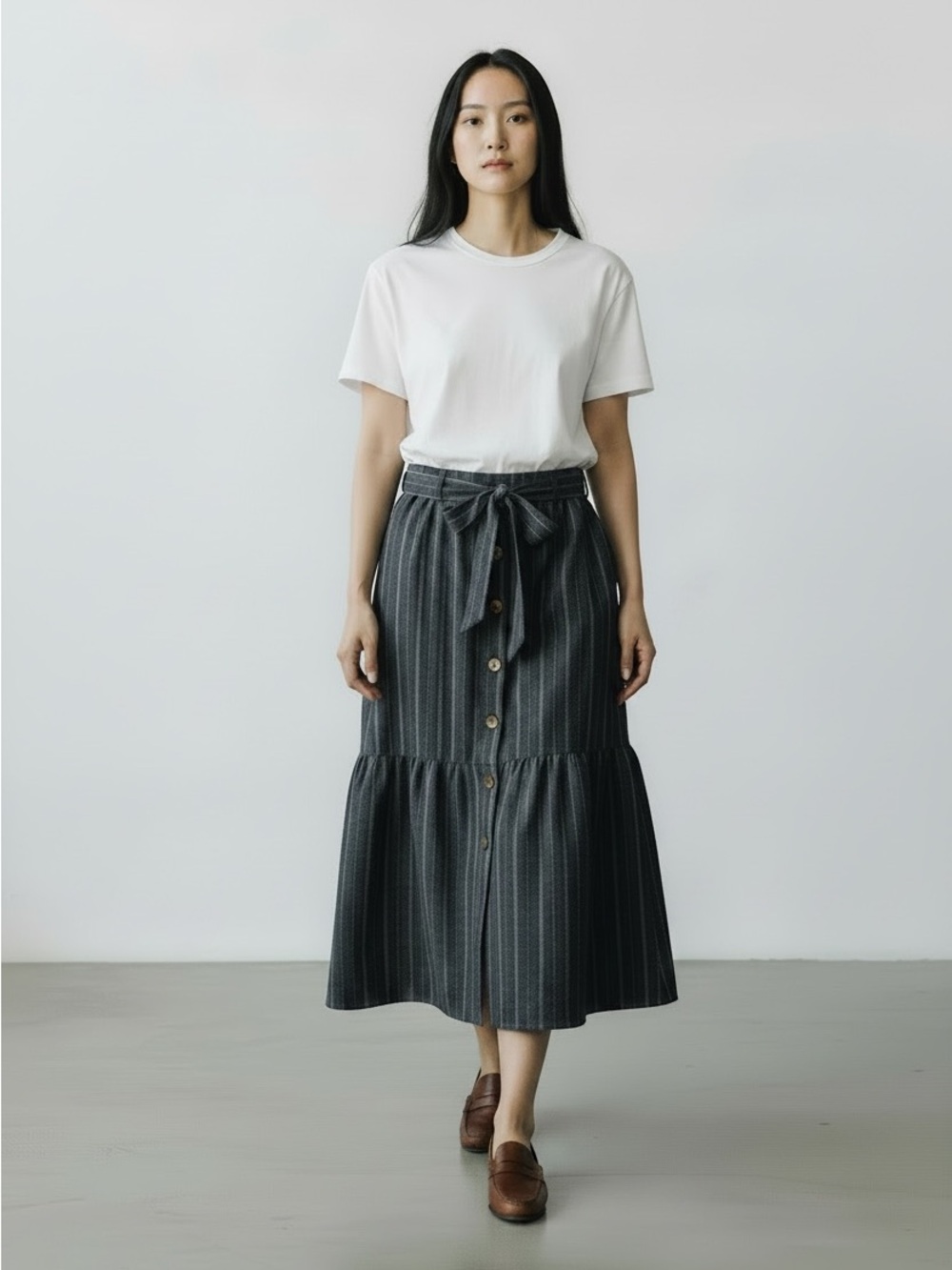 NYCC Tiered Button-Front Maxi Skirt with Waist Tie - blue and gray